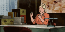 a cartoon of a woman smoking a cigarette while sitting at a desk in front of a sign that says feed