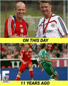 two soccer players on a field with the words " on this day 11 years ago " on the bottom