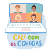 a laptop with a group of people on the screen and the words call com os colegas