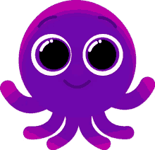 a purple octopus with big black eyes and a smile on its face