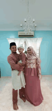 a family posing for a picture in front of a window