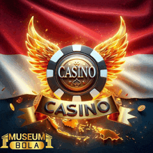 a logo for a casino with wings and a flag in the background