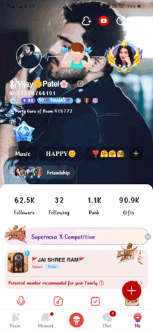 a screenshot of vijay patel 's profile on the app supernova x competition