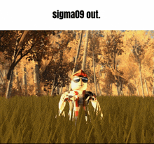 a cartoon character is standing in a field with the words sigma09 out above him