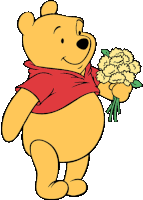 winnie the pooh is holding a bunch of yellow flowers