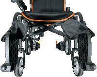 a black and orange wheelchair with a bag attached to the back