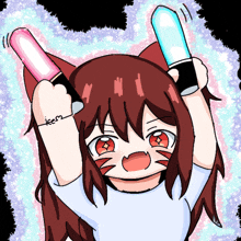 a drawing of a girl with a cat ear holding two light sticks with the letters ikem on her arm