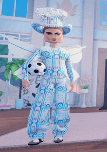 a cartoon character holding a soccer ball and wearing a hat