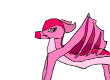 a drawing of a pink dragon with red wings and a red head