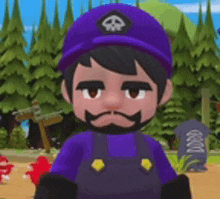 a cartoon character with a beard and a purple hat is standing in front of trees .