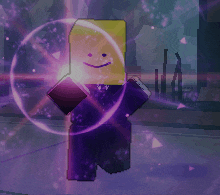 a cartoon character with a smiley face on his head is surrounded by purple lights