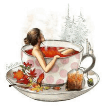 a woman is taking a bath in a cup of hot tea .