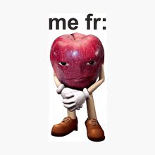 a cartoon apple with arms and legs and the words me fr. below it