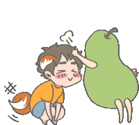 a cartoon drawing of a boy with a fox tail and a pear