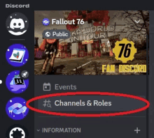 a screenshot of fallout 76 fan discord showing channels and roles