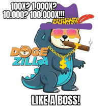 a doge zilla is smoking a cigar and wearing sunglasses and a purple hat .