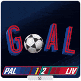 an illustration of a soccer ball with the word goal in red and blue