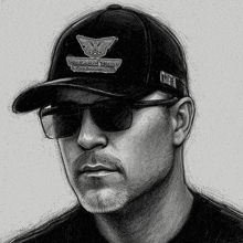 a black and white drawing of a man wearing sunglasses and a hat that says tuggun turf