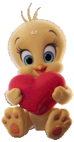 a tweety bird is holding a red heart with the letters a.c. on its head