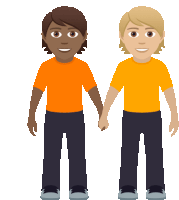 a cartoon of two men holding hands with one wearing orange