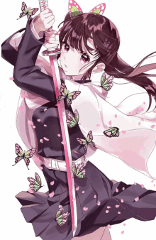 a girl is holding a sword with butterflies surrounding her