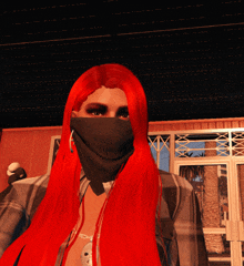 a woman with red hair is wearing a black bandana around her face