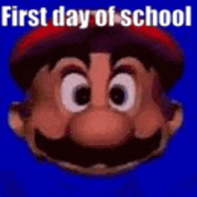 a picture of a cartoon character 's face with the words `` first day of school '' .