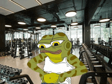 a cartoon frog is standing in a gym holding his stomach .