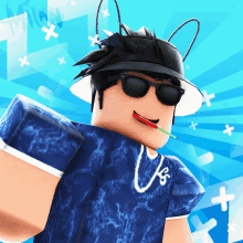 a roblox character wearing sunglasses and a blue shirt with us written on it