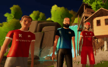 three men are standing in front of a waterfall and wearing shirts that say open beta