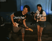 a man playing a guitar next to a woman holding a camera with the words jericho and zen written on the bottom