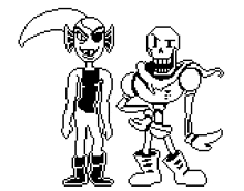 a black and white pixel art drawing of a skeleton and a fairy .