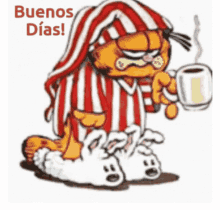 a cartoon of garfield holding a cup of coffee with the words buenos dias behind him