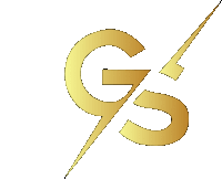 a gold g and s logo with a lightning bolt coming out of it