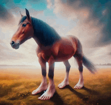 a painting of a horse with human feet standing in a field