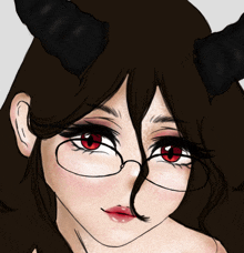 a close up of a girl with horns and glasses