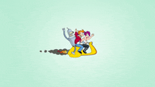 futurama characters riding on a yellow scooter with smoke coming out of it