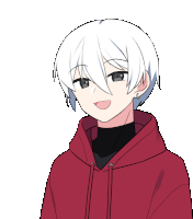 a boy with white hair and a red hoodie is smiling