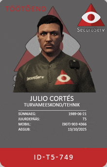 a julio cortez id t5-749 badge with a picture of a man