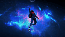 a man in a hoodie and shorts is flying through a galaxy