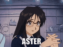 a cartoon girl with glasses and the name aster behind her