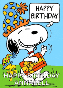 a cartoon of snoopy wearing a party hat and holding a gift box says happy birthday annabell