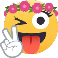 a smiley face with a flower crown on it and a peace sign