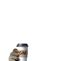 a cup with a gm sticker on it