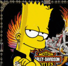 bart simpson is wearing a harley davidson motorcycle shirt