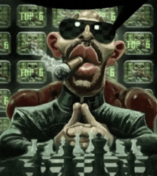 a cartoon of a man smoking a cigar and playing chess with the number 6 on the screen behind him