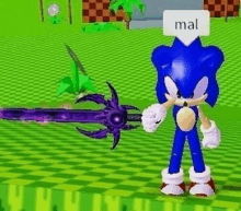 sonic the hedgehog is holding a purple sword in a video game while standing on a checkered field .