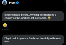 a screenshot of a text message between plum and someone named binance