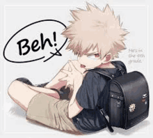 bakugo from my hero academia is sitting on the ground with a backpack on his back .