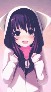 a girl with purple hair is wearing a cat ear hoodie